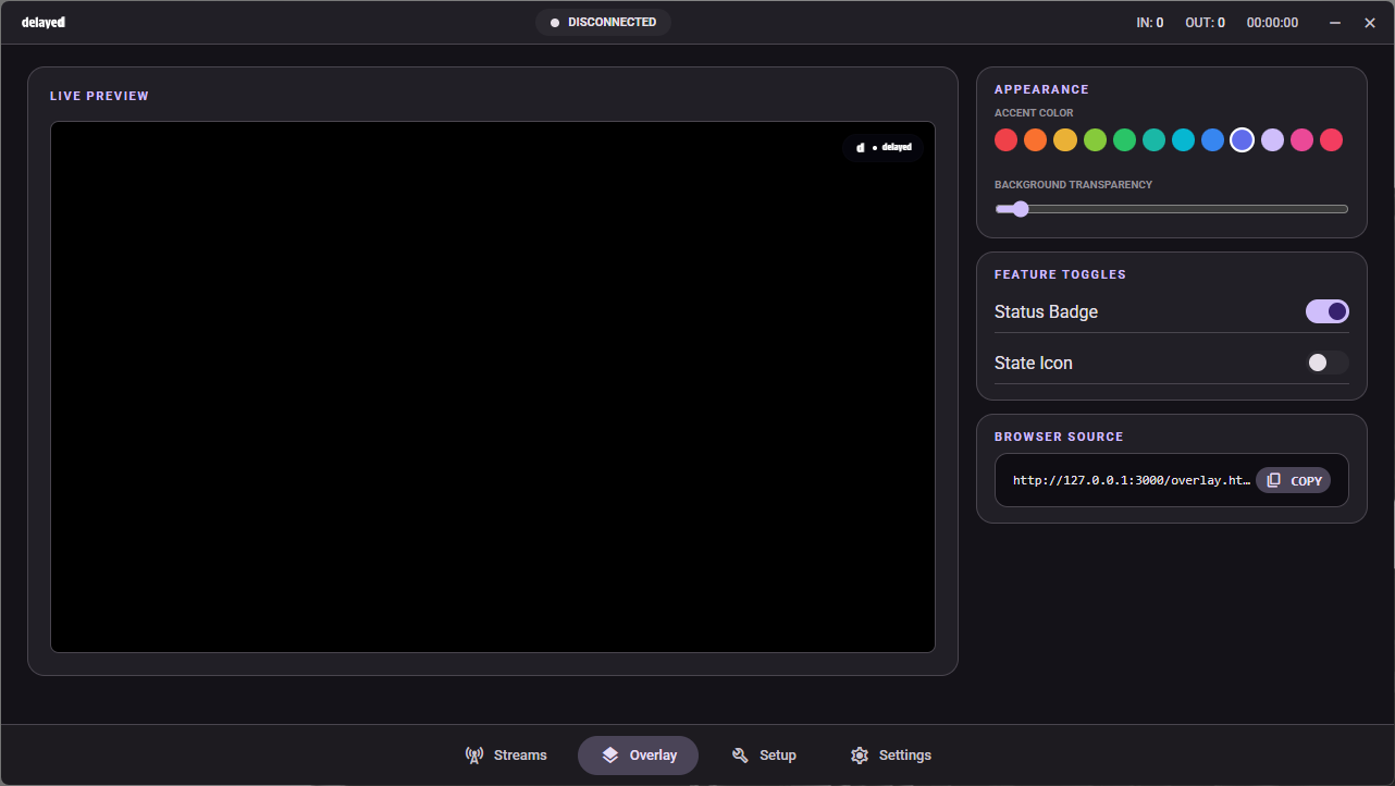 delayed overlay panel with accent selection and toggle controls