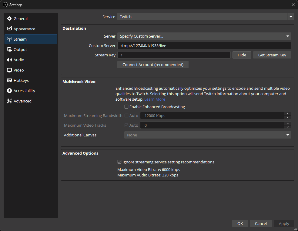 OBS Custom RTMP server pointed at delayed local server